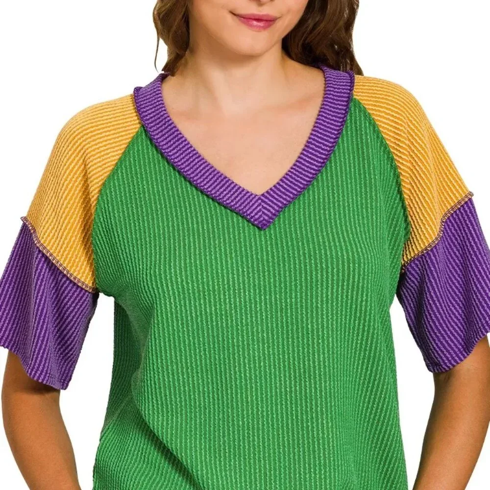 Zenana Mardi Gras Raised Rib Color Block Top‎ - Picture 6 of 6
